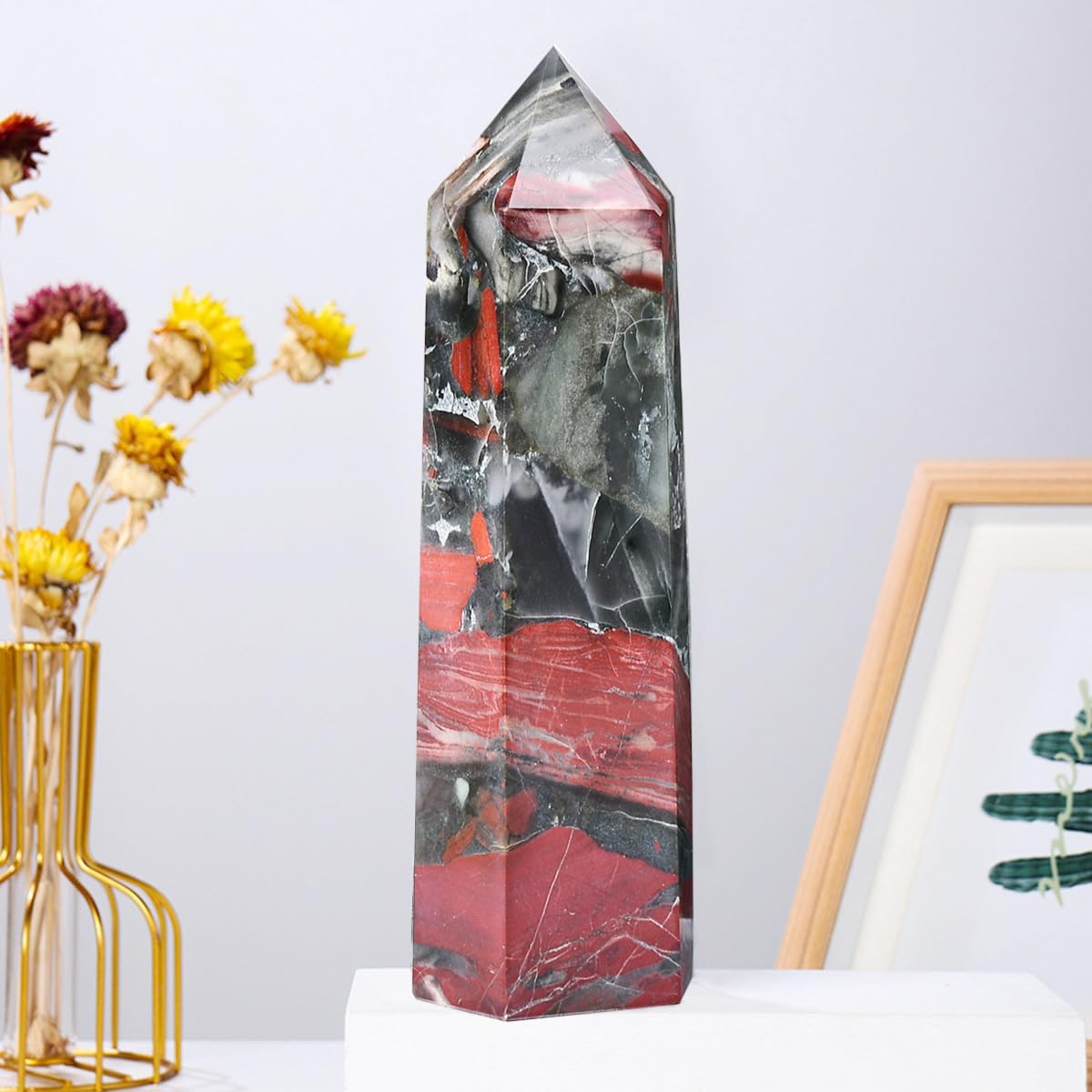 Africa Bloodstone Obelisk Tower Large Natural Healing Crystal Point Wand 6 Faceted Reiki Meditation Home Decor 1.5-2 LBS