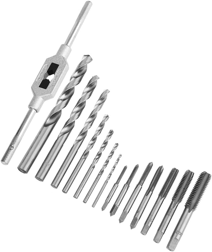Yctze 15Pcs Alloy Steel Tap Wrench & Twist Drill Bit Set for Metal Processing – Versatile Taps & Drills for Drilling Jobs