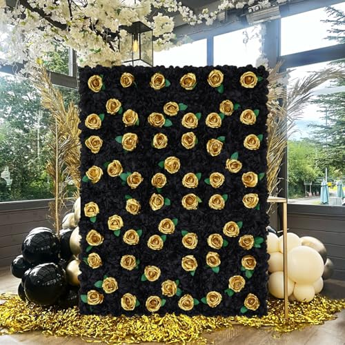 Image of Artificial Flower Wall Backdrop Panels Black Gold 5ftx3.74ft White Rose Halloween Backdrop 3D Floral Wall for Valentine's Day Party Event Photoshoot Background Decorations