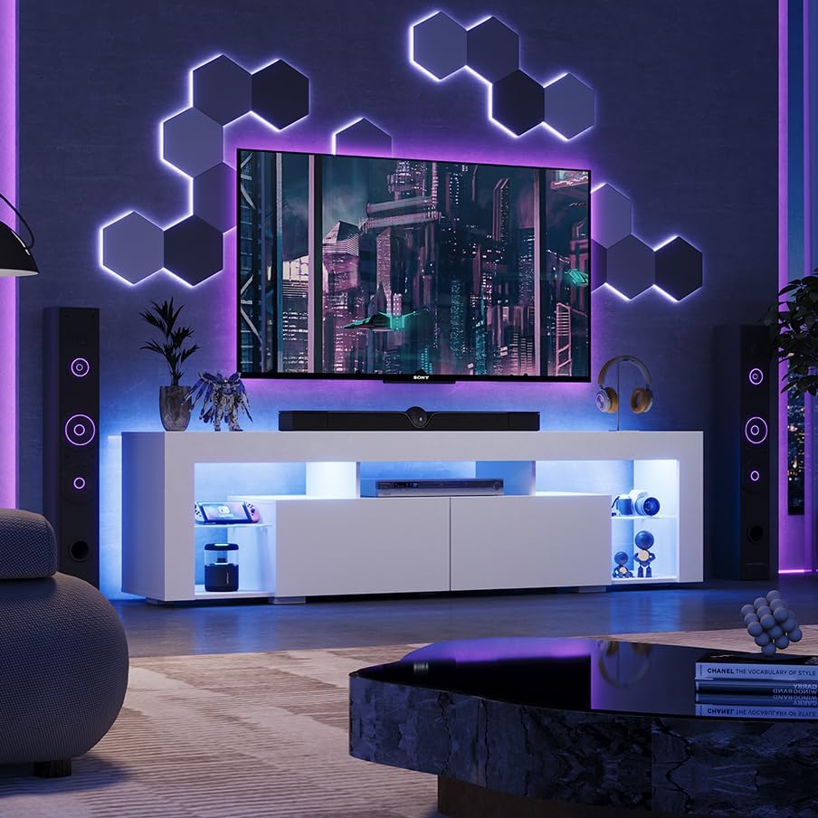 WLIVE TV Stand for 65 to 70 Inch TV, Modern Entertainment Center with LED Lights & 2 Large Storage Drawers, Wood TV Console for Living Room, Bedroom(White) - Image 3