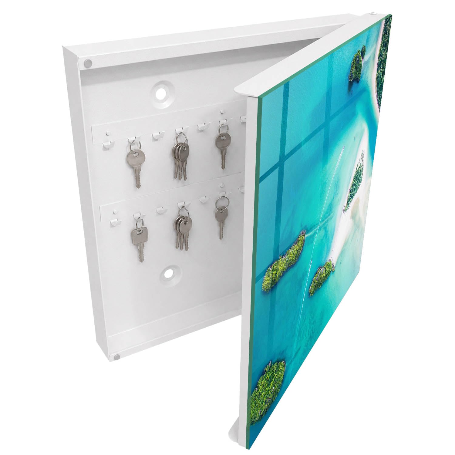 Armadietto Portachiavi 30x30 cm | Bianco | A Destra | Montaggio a Parete | Spiagge esotiche | Tasselli e Viti Inclusi | per Uffici | Frontale Decorativo in Vetro Temperato | in Metallo