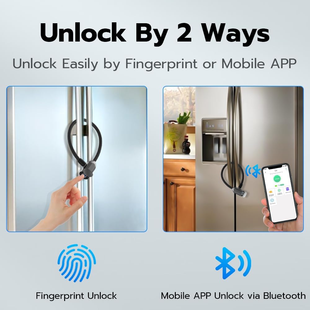 Cable Lock Refrigerator Lock eLinkSmart French Door Fridge Lock - Waterproof 40cm 15.7 inch Fingerprint Bluetooth App Keyless Cable Lock for Cabinets Freezer Baby Safe