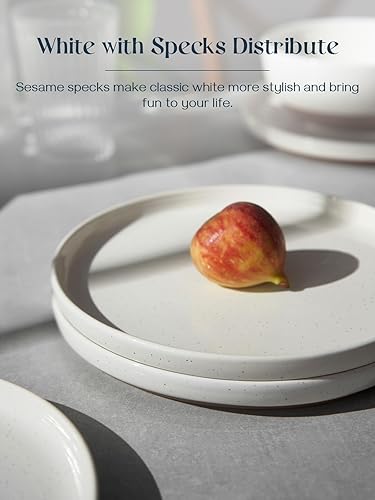 Miniatura 5 de DOWAN Juego de 6 platos llanos blancos de 10.5 pulgadas, platos de cerámica con motas, platos de comedor grandes para carnes, surtidos, pasta,