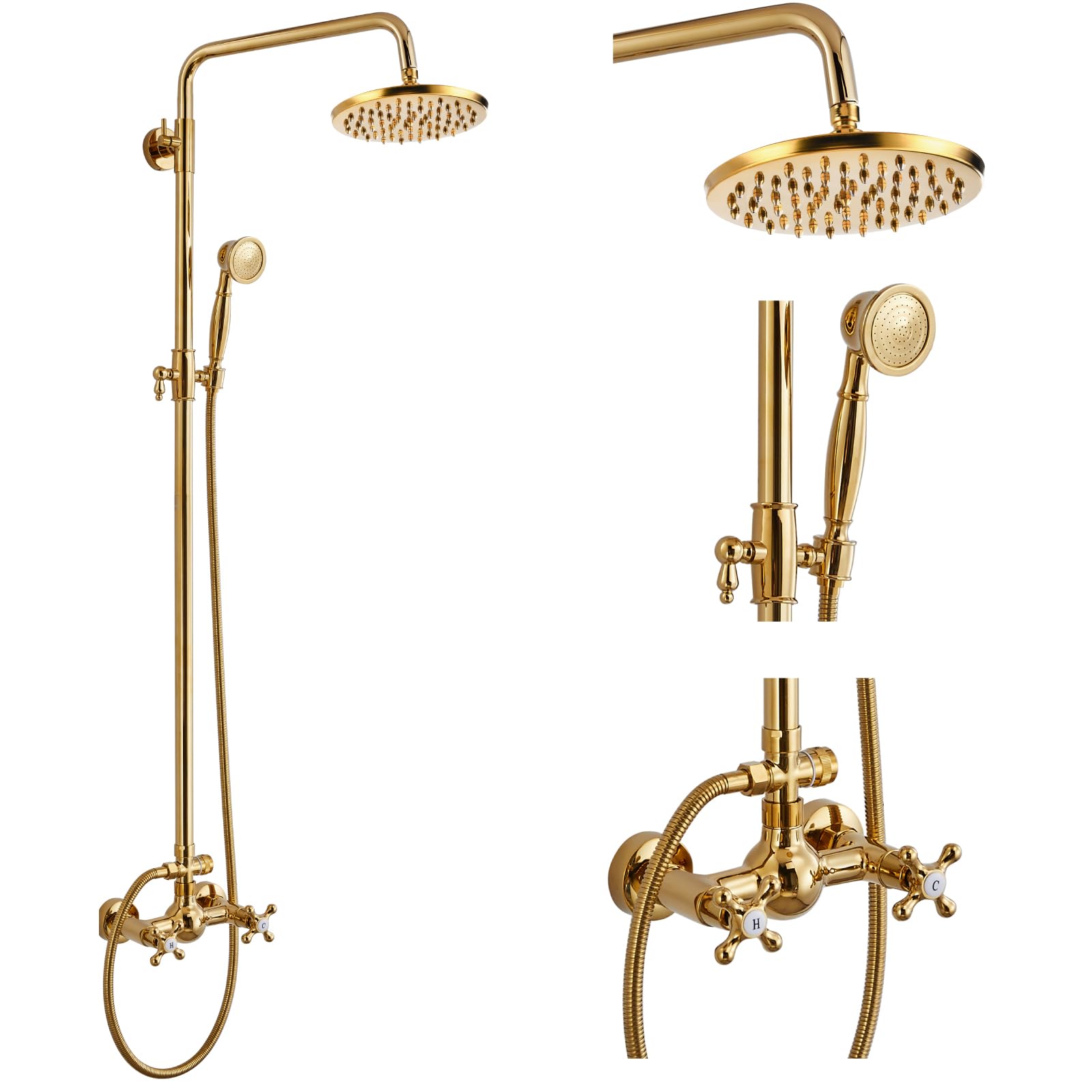 gotonovo Exposed Bathroom Shower Faucet Set Shower Fixture 8 Inch Rainfall Shower Head Handheld Shower Cross Handle Wall Mount 2 Functions Polished Gold