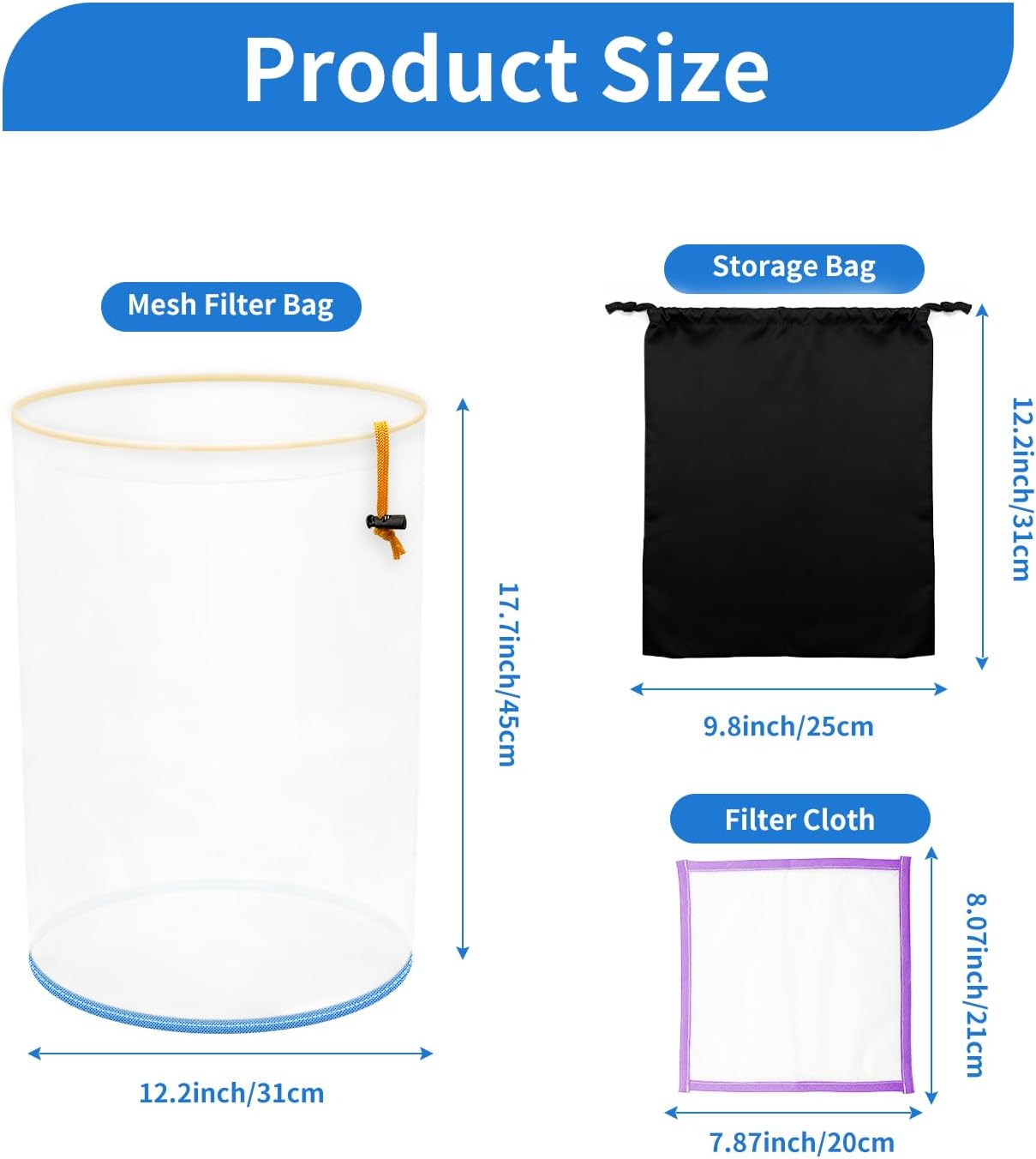 5 Pack 5 Gallon Reusable Nylon All Mesh Filter Bags,Fine Mesh Strainer Bags,Bucket Liner Bag with Storage Pouch for Filtering Tea, Juice,Coffe,Wine and Honey(25/75/120/160/220 Micron)