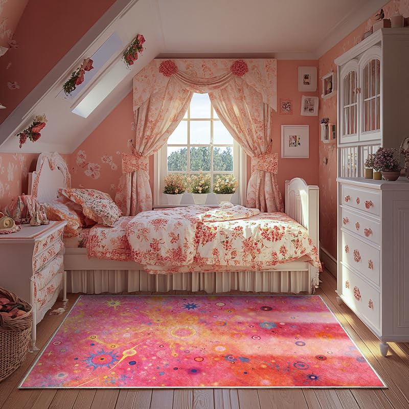 Tapis chambre enfant lavable 160x200 doux poils courts rose et jaune
