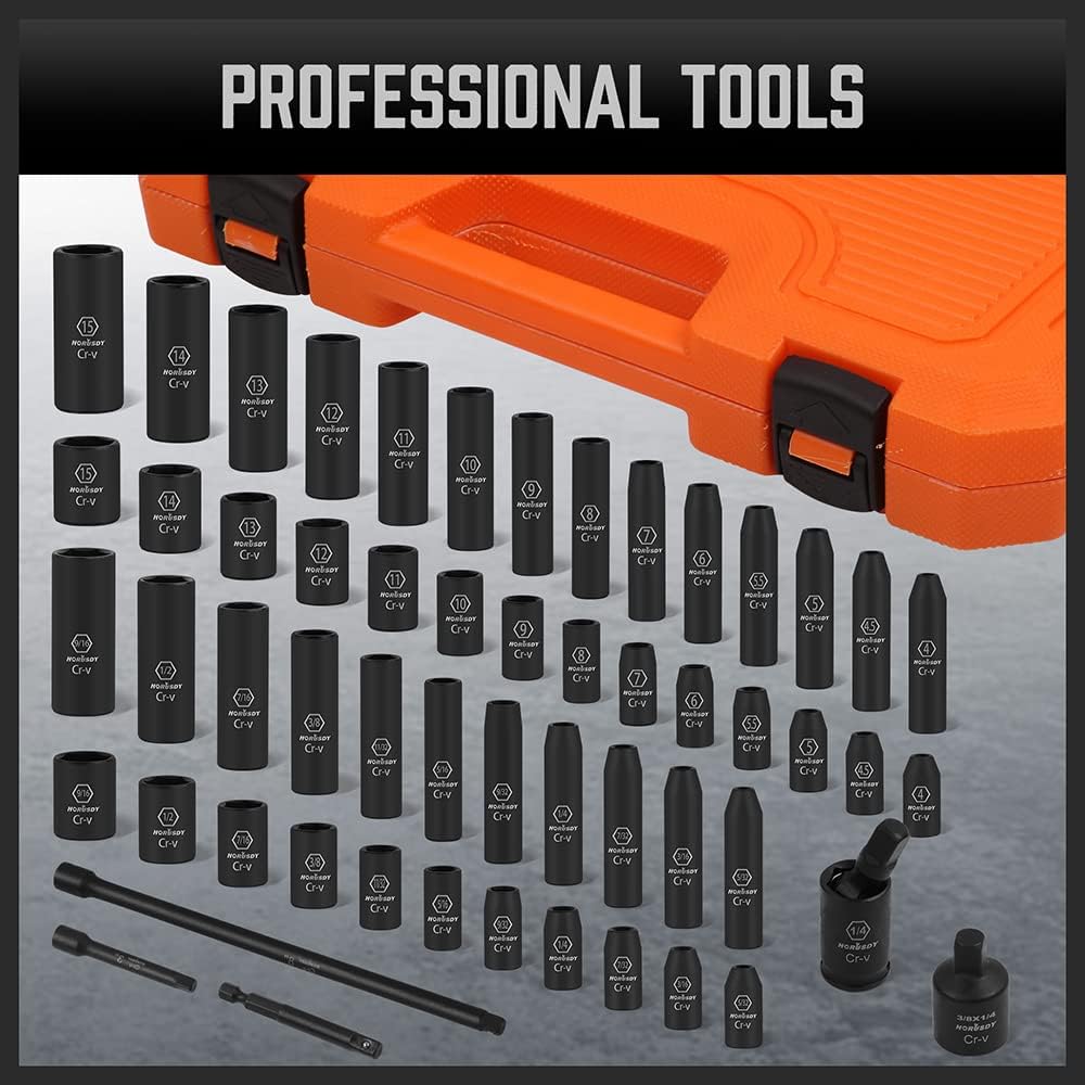 HORUSDY 1/4'' Drive Master Impact Socket Set with Ratchet Handle, 56-Piece SAE & Metric, Extension Bars, Universal Joint & Heavy-Duty Storage Case, Premium 6-Point CR-V Steel Kit - Image 8