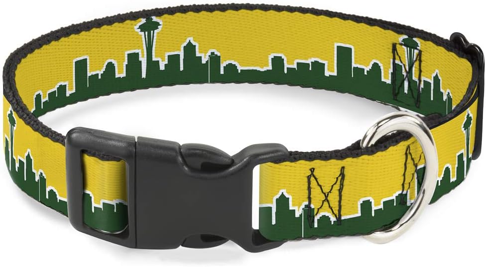 Buckle-Down Plastic Clip Collar - Seattle Skyline Yellow/Emerald Green - 1.5" Wide - Fits 13-18" Neck - Small