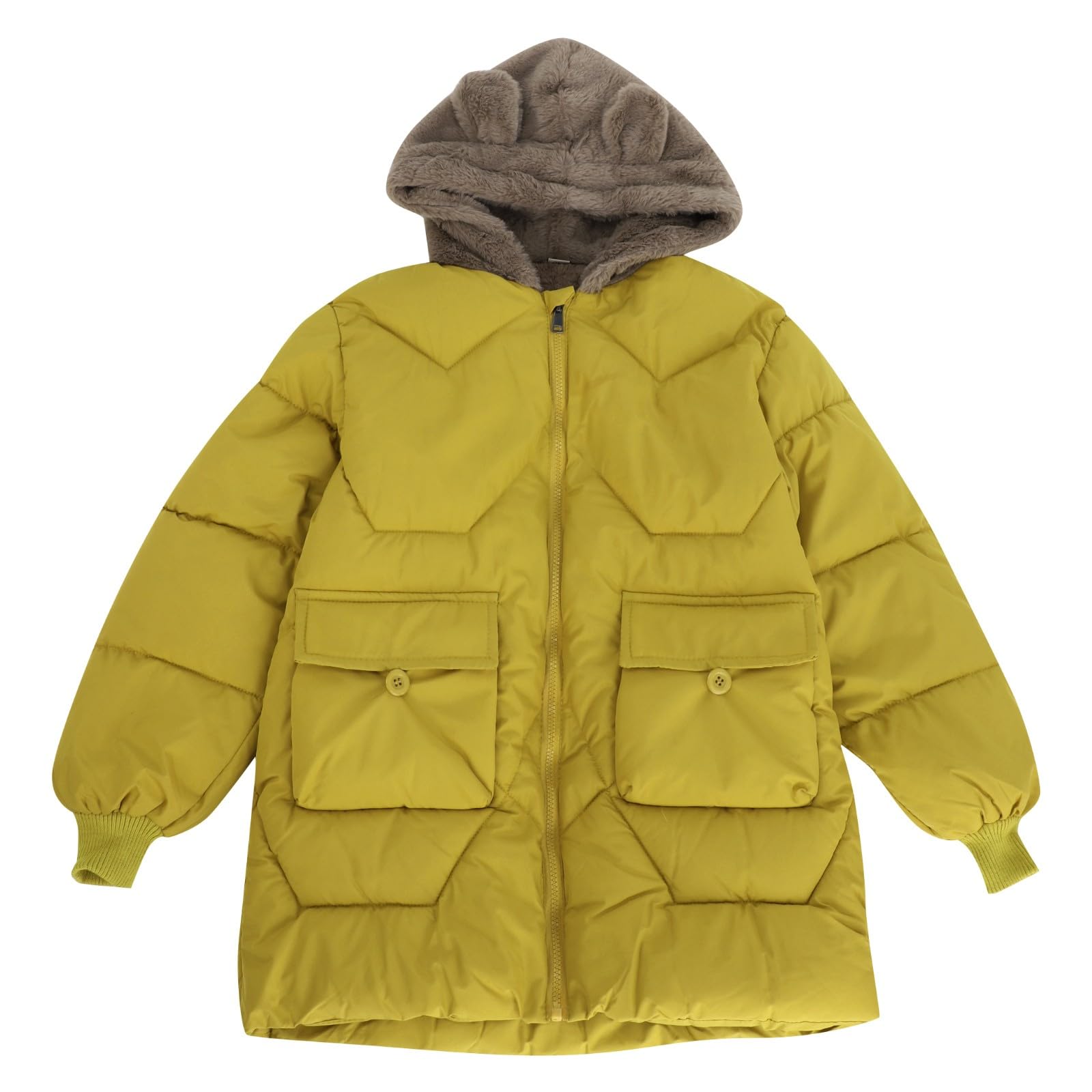 Kids Girls Hooded Winter Coat Long Sleeve Warm Fleece Bear Ears Zipper Down Padded Jacket with Big (Yellow, 9-10 Years)