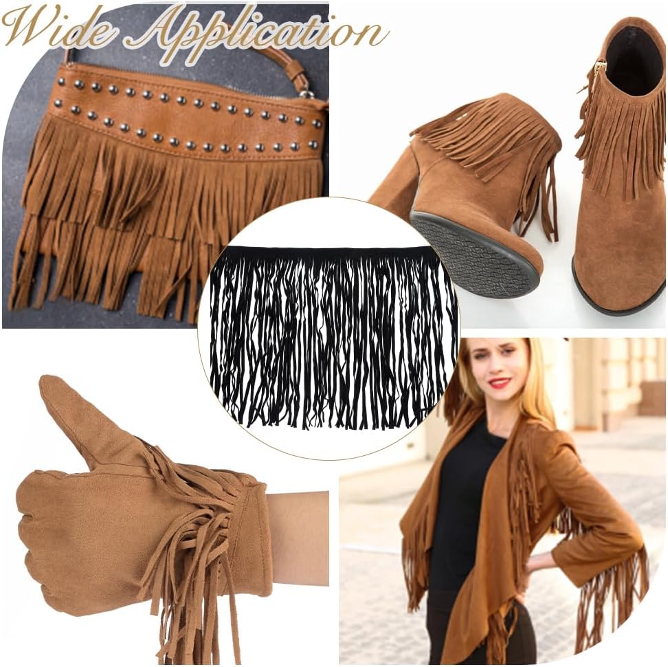 2.18 Yards Suede Fringe Trim Black Double Side Imitation Leather Tassel Western Fringe Trim Cowboy 12.2 Inch Long Sewing Tassel for Crafts DIY Sewing Dress Crafts Skirt Decoration