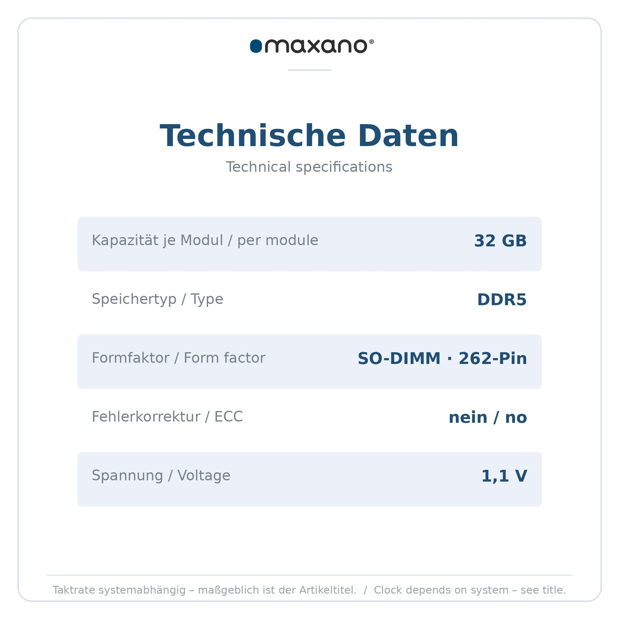 Maxano 64GB Kit (2x32GB) RAM kompatibel mit Durabook Z14I-HG (DDR5 PC5-44800, SO-DIMM, Non-ECC)