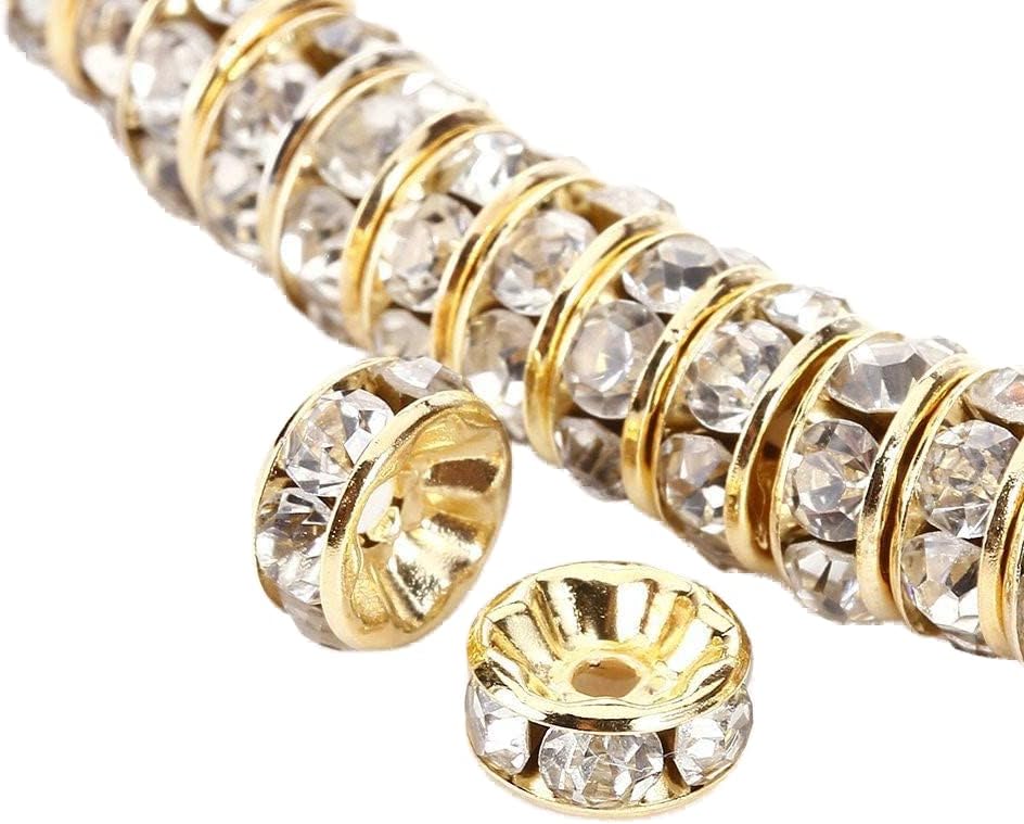 Allb 100Pcs Rondelle Spacer Beads 6mm Silver Plated Czech Crystal Rhinestone for Jewelry Making Loose Beads for Bracelets, gold