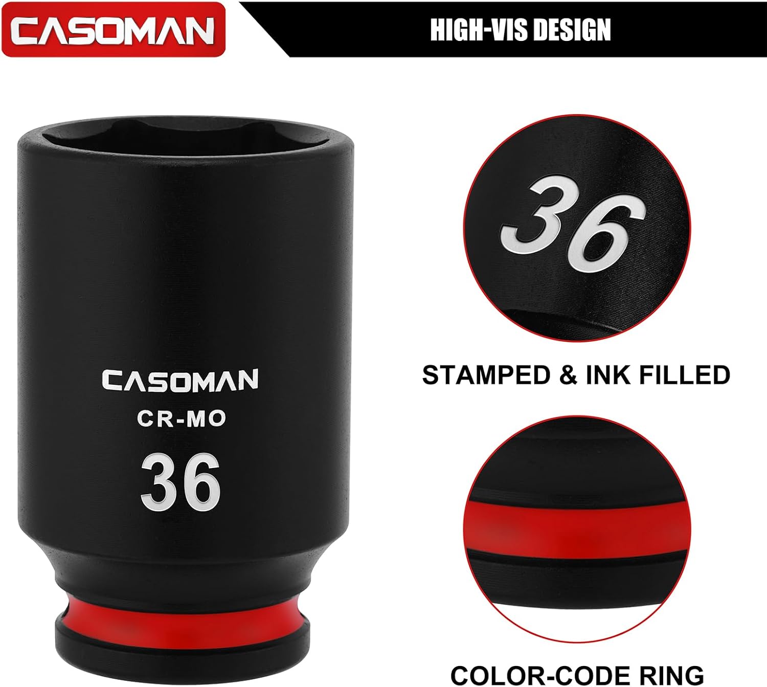 CASOMAN 1/2" Drive x 36mm Deep Impact Socket, 6-Point, Metric, CR-MO