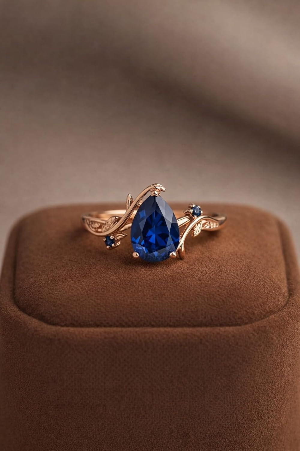 Pear Cut Blue Sapphire Engagement Ring for Women Nature Inspired Leaf Vine Ring in 14K Rose Gold Vintage Floral Promise Ring Customized Jewelry Gift