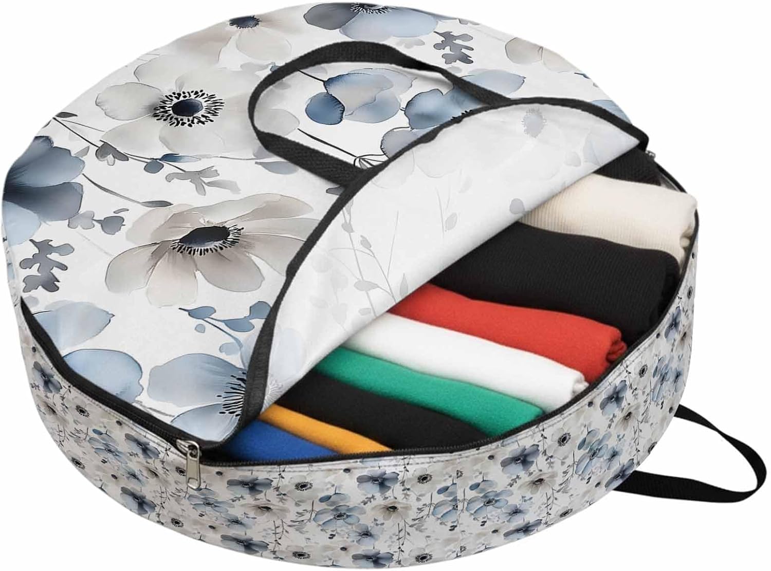 Spring Floral Round Storage Bag 36 Inch, Watercolor Grey Blue Flower Retro Clothes Storage Container with Handles Heavy Duty Organizer for Comforter, Bedding & Holiday Wreaths