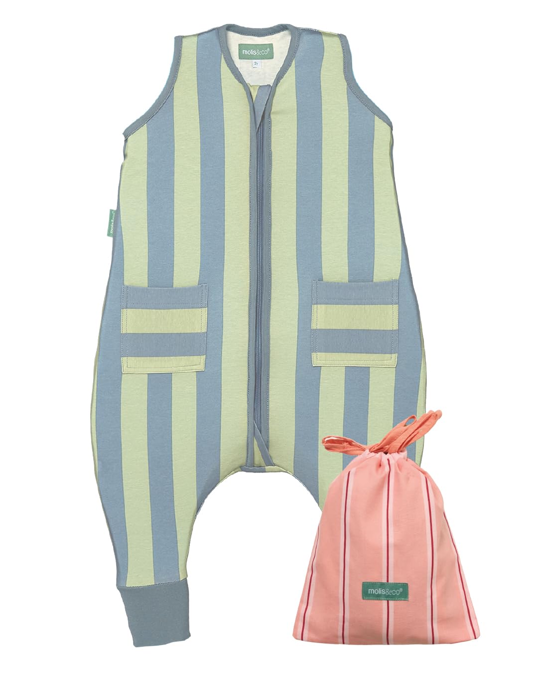 molis&co. Pijama Burbuja. 0.5 TOG. Ideal para Verano. 100% algodón. (Green & Blue Stripes, 3 years)