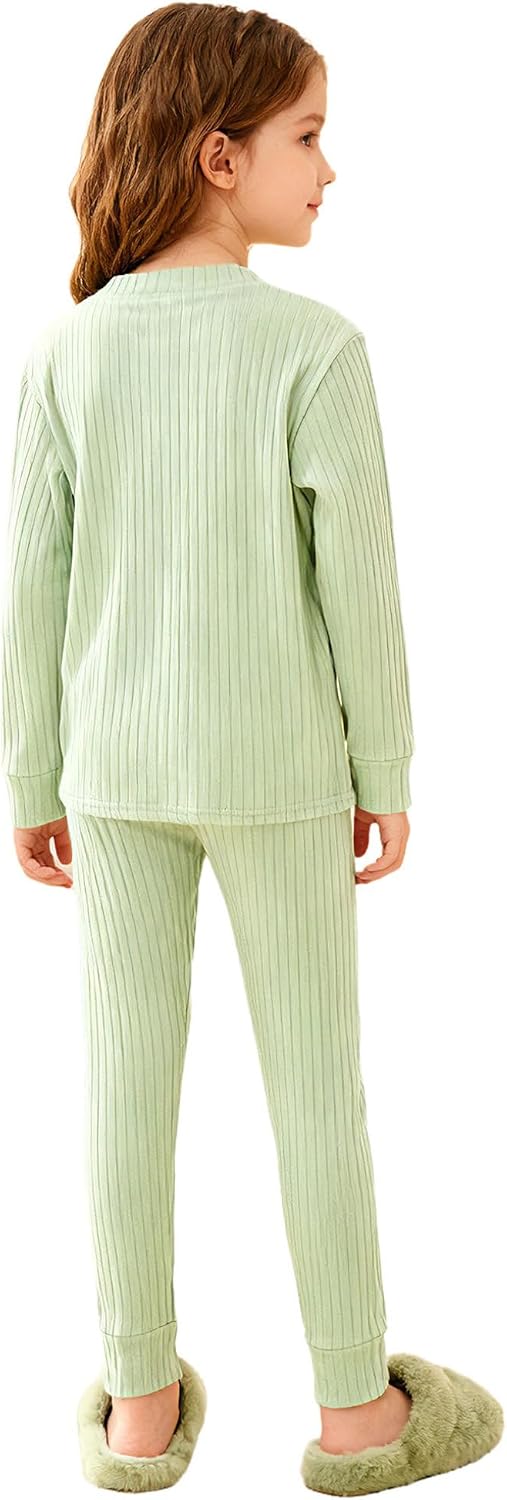 Freebily Kids Fleece Thermal Underwear Set Long Sleeve Ribbed Letter Print Pullover And Leggings Light Green 5-6 Years
