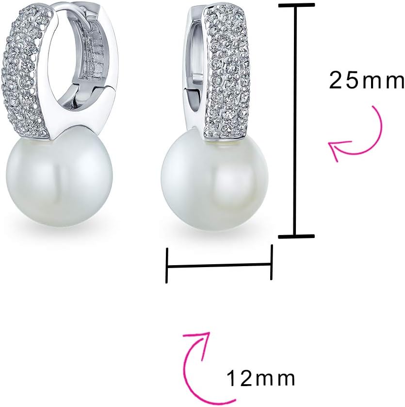 Elegant Bridal Modern CZ Pave Encrusted White Simulated Pearl Mini Hoop Drop Huggie Earrings For Women Wedding Silver Plated