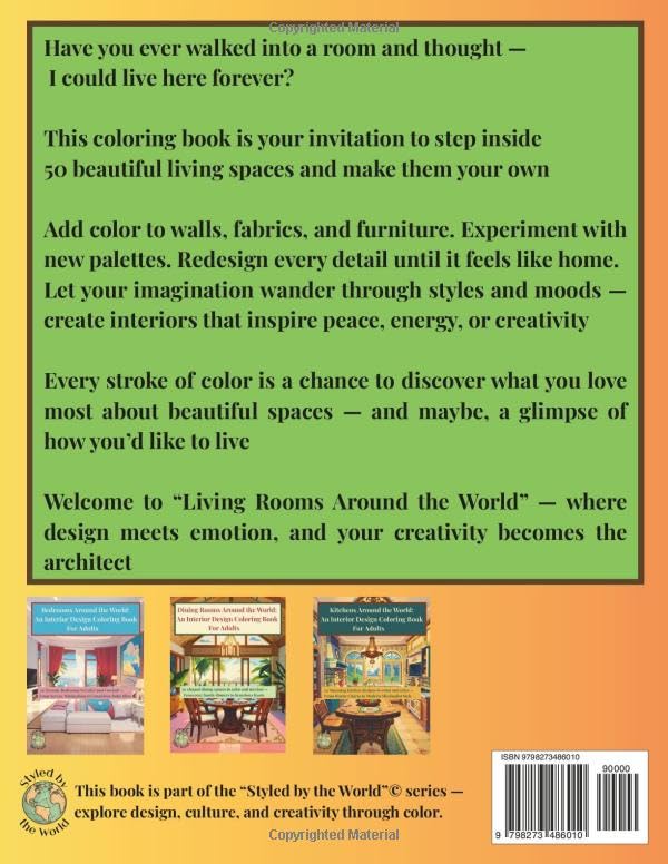 Living Rooms Around the World: An Interior Design Coloring Book For Adults: 50 Beautiful Home Interiors to Color and Relax From Modern Minimalism to Cozy Classic Charm (Styled by the World) image 3