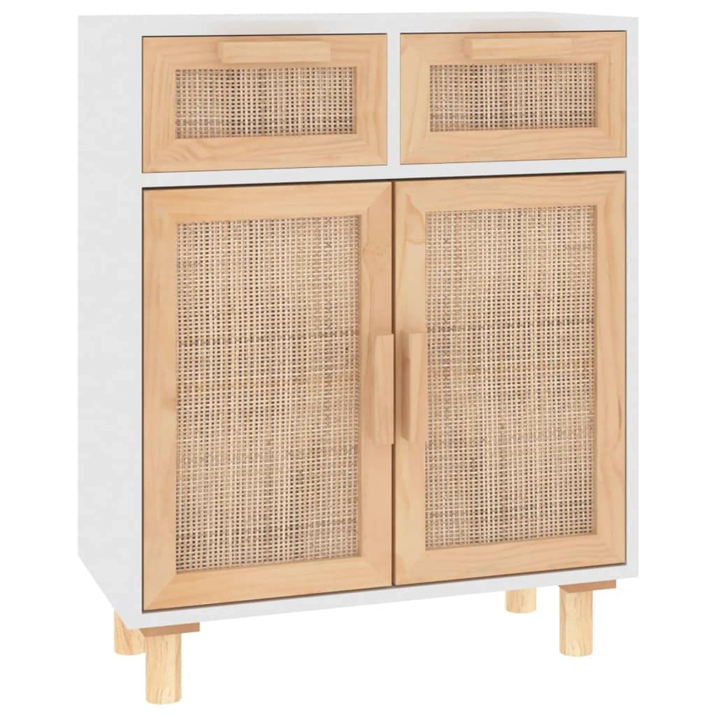 Buffet Blanc 60x30x75 cm, Meuble de Rangement avec 2 Tiroirs et Porte en Rotin Naturel, Enfilade en Bois de Pin Massif pour Salon et Entrée, Design Scandinave et Bohème
