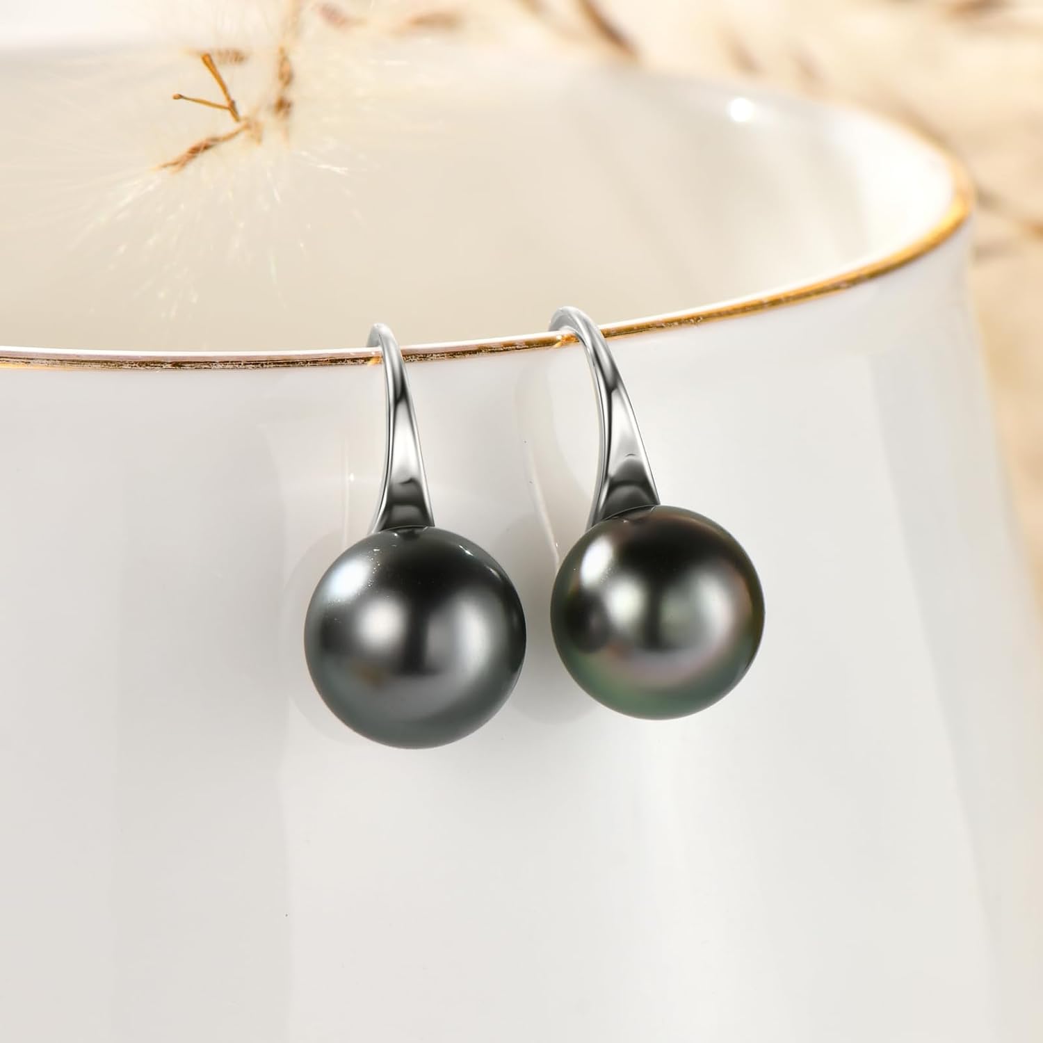 Tahitian Black Pearl Drop Earrings, Sterling Silver 9-10mm Genuine Tahitian Pearls Anniversary Birthday Jewelry Gifts for Women - Image 2