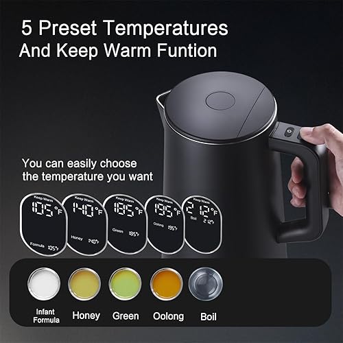 Miniatura 3 de Hervidor eléctrico de acero inoxidable de 1.5 L, tetera de doble pared al tacto, hervido rápido, 5 controles de temperatura, pantalla LED, apagado