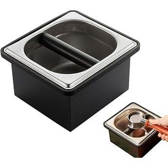 Knock Container Tee Container Espresso Knock Box Stainless Steel Coffee Knock Box with Noise Reducing Rubber Ring Silicone Rod for Tapping Portafilter Grinding