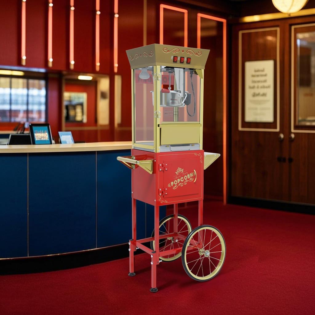 Popcorn Maker Machine Cart with Wheels,Stainless-Steel 12 Oz Kettle Makes Up to 48 Cups, Movie Theater Vintage Popper with Heated Warming Deck,Old Maids Drawer for Home Commercial (Red)