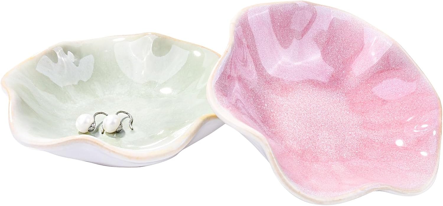 Porcelain Jewelry Dish Set of 2, 4.25'' Leaf Shaped Ceramic Ring Holders