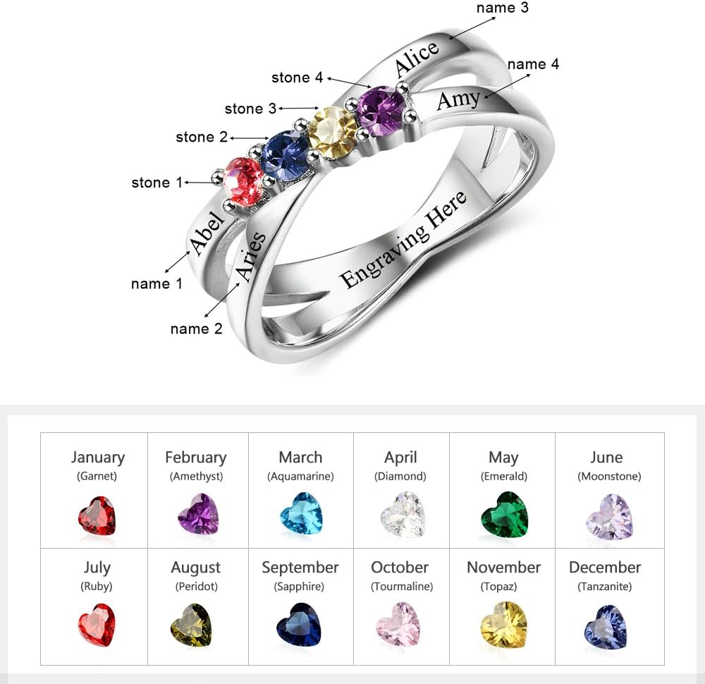 Love Jewelry Personalized Sterling Silver Mothers Rings with 4 Simulated Birthstones Engraved 4 Family Names Anniversary Rings Mothers Day Rings for Women