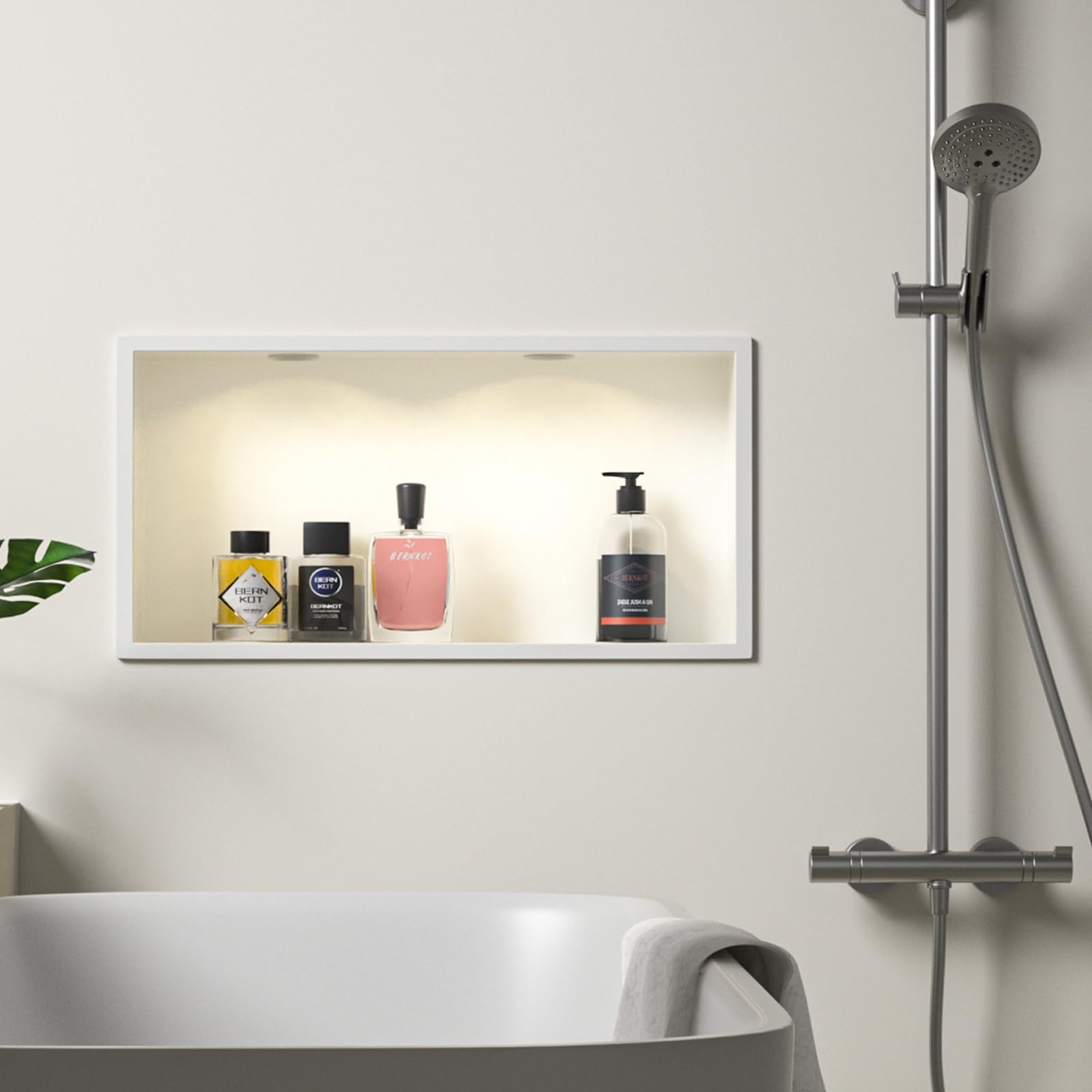 Ducha de pared de acero inoxidable con downlight, 60 cm x 30 cm, resistente al agua, no requiere azulejos, almacenamiento de baño, nicho, color blanco