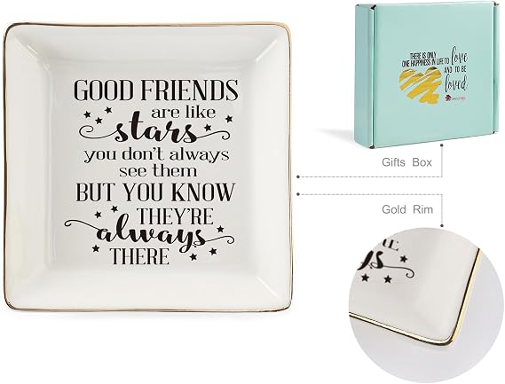 Good Friends Bestie Birthday Gifts for Women Her Ring Trinket Dish Jewelry Tray-Good Friends are Like Stars - You Don't Always See Them But You Know They're Always There, Friendship Gifts