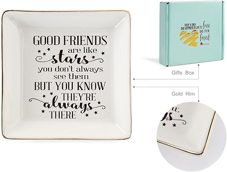 Good Friends Bestie Birthday Gifts for Women Her Ring Trinket Dish Jewelry Tray-Good Friends are Like Stars - You Don't Always See Them But You Know They're Always There, Friendship Gifts