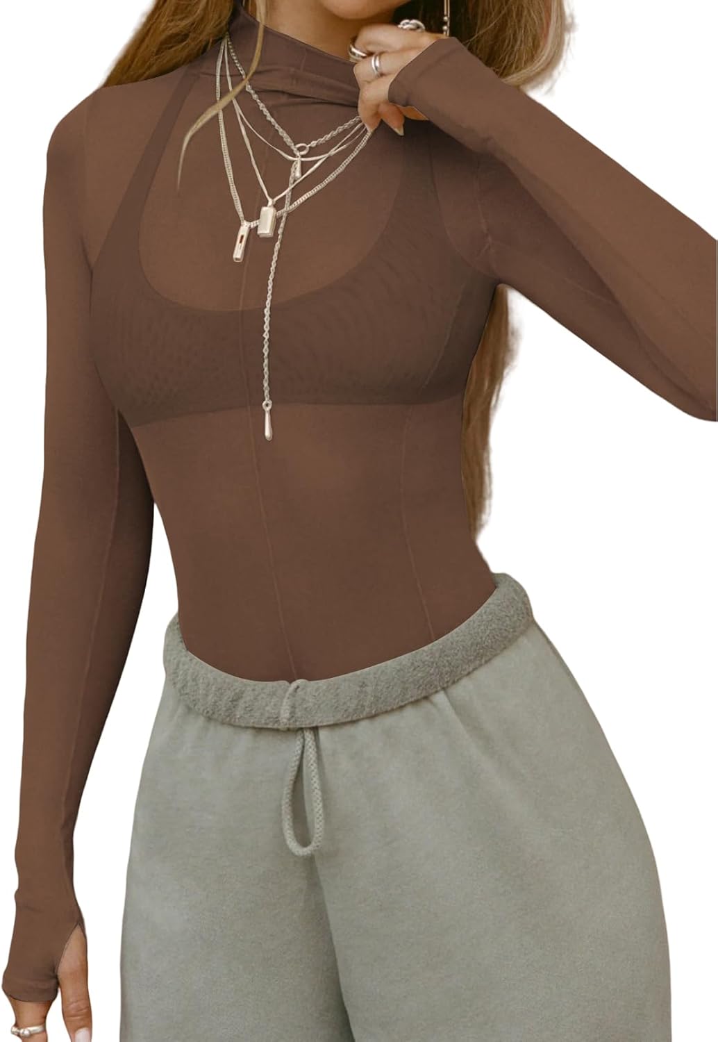 Womens Sexy Long Sleeve Mesh Tops Mock Neck Going Out See Through Shirts Trendy Y2K Club Sheer Blouses - Image 3