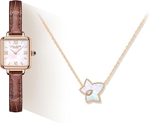 Lola Rose Reloj de pulsera con correa de cuero marrón genuino con exquisito collar de cuentas de madre perla, Lola Rose Reloj de pulsera con correa
