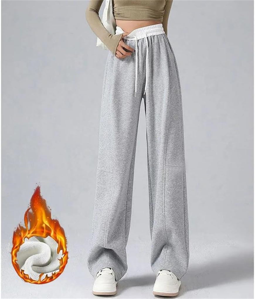Color Blocking Women's High Waist Thermal Pants Chic Straight Leg Fleece Trousers Snow Warm Leisure Pants