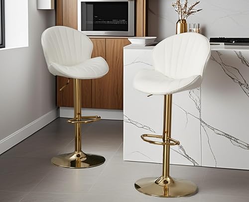 CIMOTA Juego de 2 taburetes de bar blancos y dorados de altura ajustable, taburetes de bar giratorios modernos con forma de concha, taburetes de