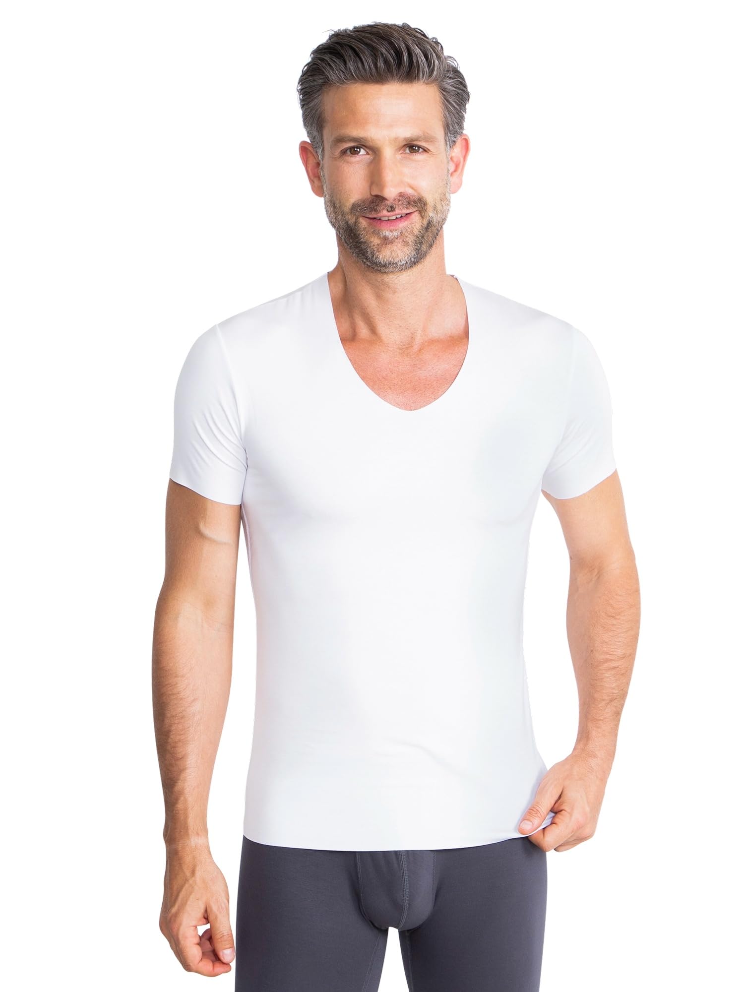 FINN Clean-Cut - Camiseta interior de manga corta para hombre, cuello en V, invisible, con acabado de corte láser, sin costuras, de Lenzing Modal original para camisa y traje
