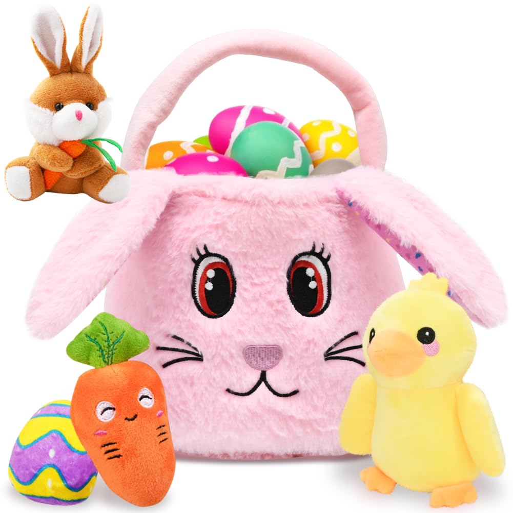 Fluffy Easter Bunny Basket Set, Easter Basket Playset with Stuffed Plush Bunny Duck Egg Carrot for Baby Kids Easter Party Decorations Supplies Easter Basket Fillers