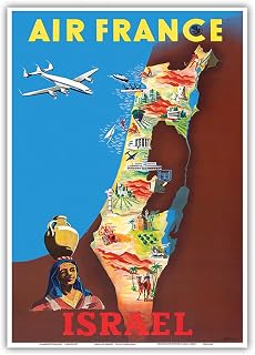Israel - Lockheed Constellation “Connie” over Tel-Aviv Jerusalem - France - Vintage Airline Travel Poster by Maurice Renluc c.1951 - Master Art Print 10in x 14in