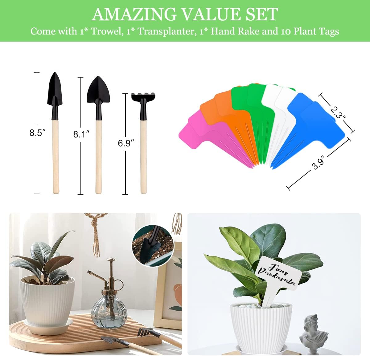 Plastic Plant Pots, 7/6/5.5/5/4.5/4 Inch Plastic Planters Flower Pots with Trays, Planters for Indoor Plants, All House Plants, Flowers with Trowel, Transplanter, Hand Rake and 10 Plant T-Type Tags : Patio, Lawn & Garden