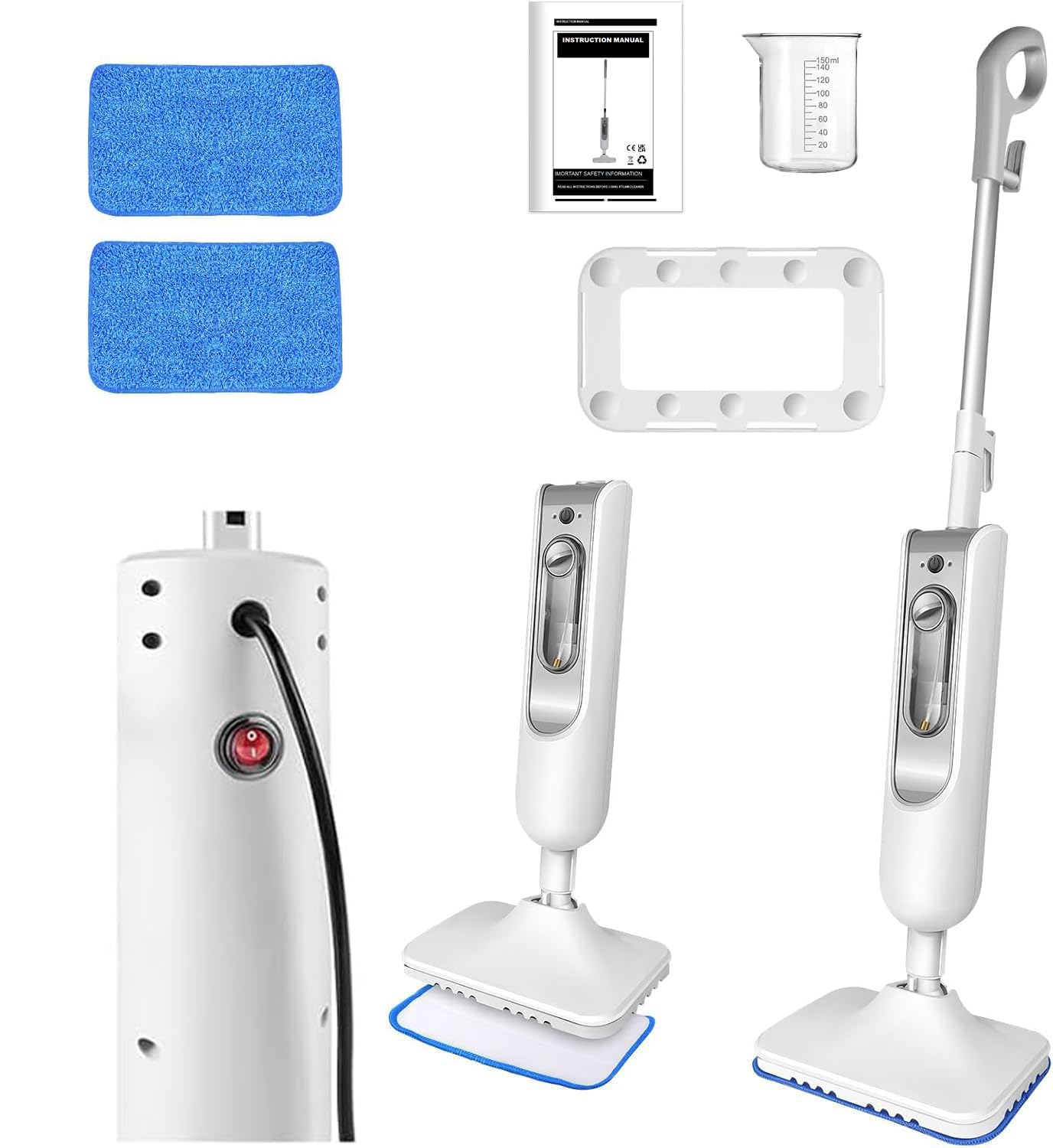 Mop parowy ze zdejmowaną ręczną myjką parową, środek do czyszczenia twardego drewna/kafelków/podłóg laminowanych, ściany okiennej, z 2 podkładkami, do całego użytku domowego