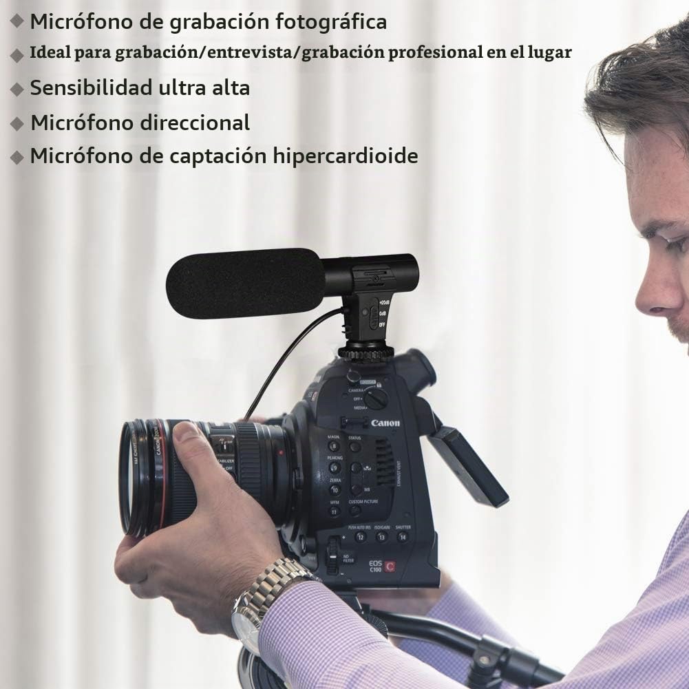 Micrófono de cámara, condensador de audio, grabación de video, entrevista, micrófono hipercardioide externo profesional para cámara Nikon Canon DSLR y videocámara DV