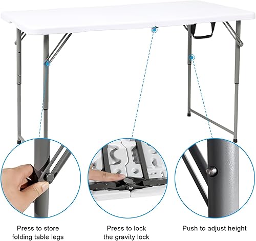 Miniatura 5 de Mesa plegable de plástico resistente de 48 pulgadas de ancho x 24 pulgadas de profundidad x 29.5 pulgadas de alto, altura ajustable, de 4 pies, mesa