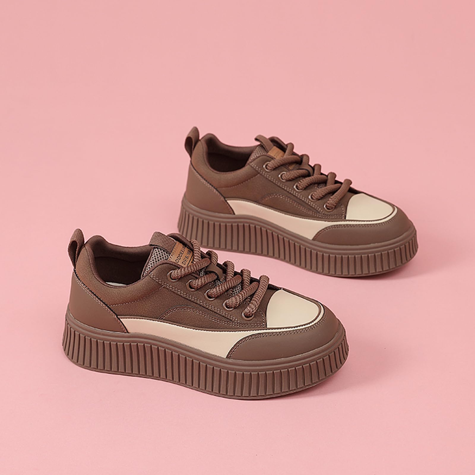 Cocey Women's Thick - Sole Skate Sneakers, Round Toe Lace - Up Versatile Casual Shoes, Brown, 4.5