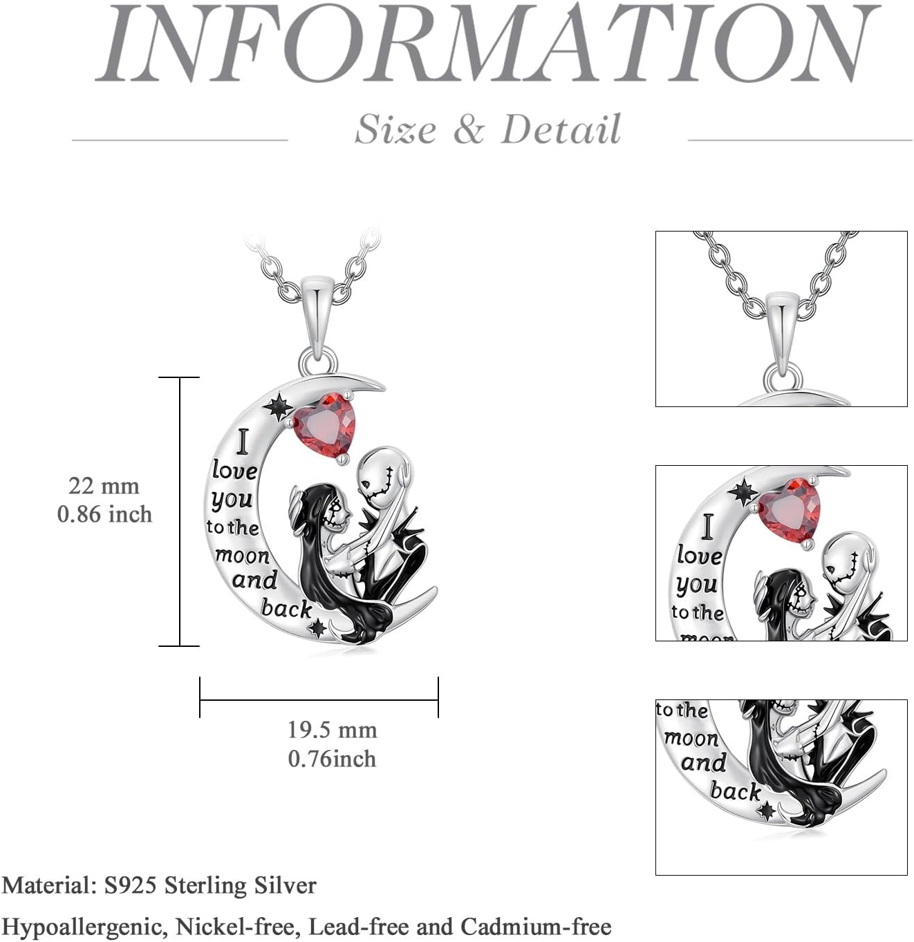 LILALO Nightmare Necklace 925 Sterling Silver Jack and Sally Necklaces Skellington Skull Jewelry for Women Valentines Day Gifts for Her Wife Girlfriend