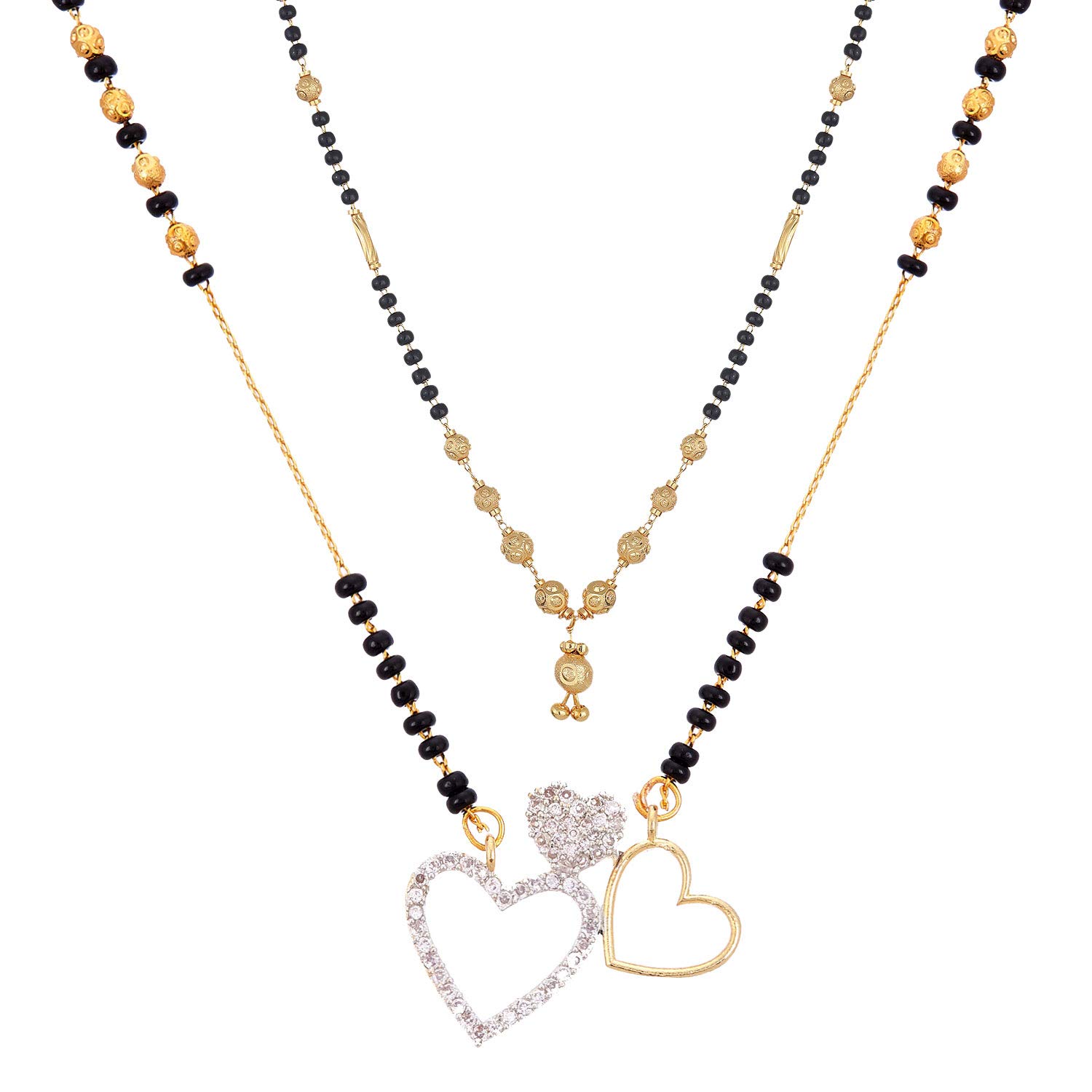 Mangalsutra Gold Plated American Diamond Necklace Jewellery Combo of 2 Mangalsutra Tanmaniya Nallapusalu Black Bead Chain For Women-image-44