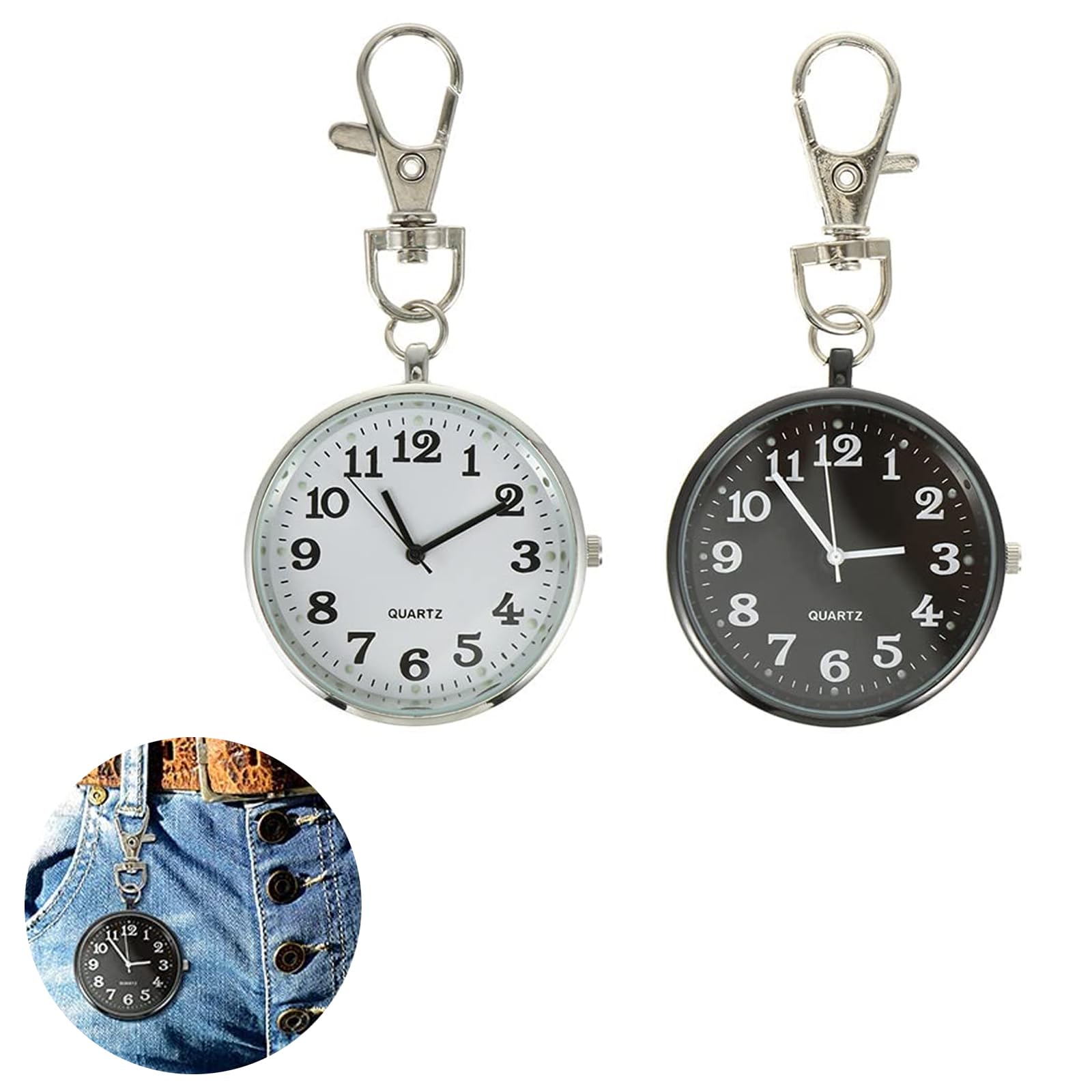 KASTWAVE Quartz Pocket Watch Set - 2 Pcs Large Dial Nurse Watches with Keychain Ornaments (Black + White)
