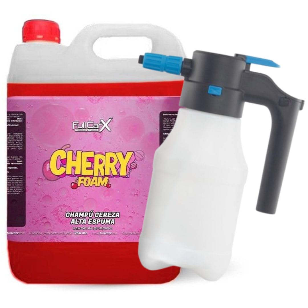 AutoFullCar - Kit Champú 5 Litros con Pulverizador a Presión Automático Eléctrico, Espuma Activa Snow Foam PH Neutro, Foamer a Batería Carga USB, Limpieza Exterior Coche (CHERRY FOAM)