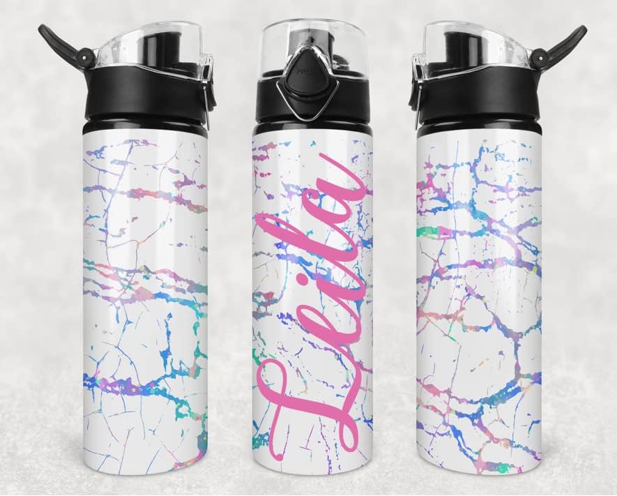 Personalized Flip Top Water Bottle 25oz | Gym Water Bottle | Travel Cup | 750ml | Pastel Rainbow Crackle with Name in your choice of color and Font